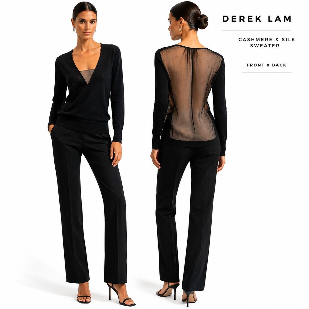 Derek Lam Women's Black Cashmere Silk Lightweight Sweater with Sheer Back Medium